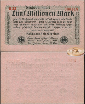 Германия [Веймарская респ.]. Банкнота 5000000 марок. 20.08.1923. Unc. Бумага. Кат.# Rb.104b