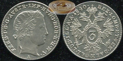Австрия (Австрийская имп.). 3 крейцера. 1840 A (aUnc++. Серебро)