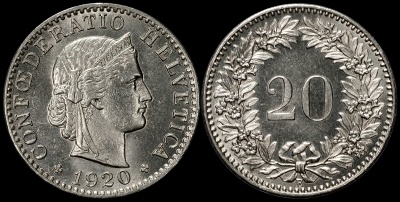 Швейцария. Монета 20 раппенов. 1920.B (KM#29. Unc)