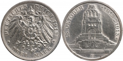 Германская имп. [Саксония]. Монета 3 марки. 1913.E (KM#1275. aUnc/XF. Серебро) Победа под Лейпцигом