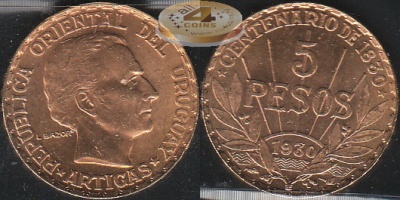 Уругвай. 5 песо. 1930 (aUnc. Золото)