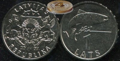 Латвия. Монета 1 лат. 2007 (KM#12. Unc) Лосось