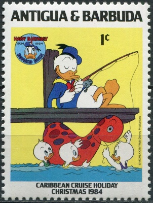 Антигуа и Барбуда. 1984. Дональд Дак на рыбалке (Почтовая марка. MNH OG)