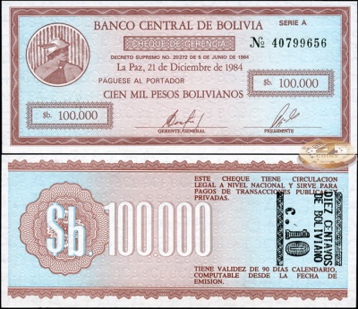 Боливия. 10 центаво (надпечатка) (Unc) 1987