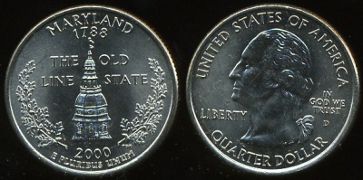 США. Монета 25 центов [Квотер]. 2000.D (KM#306. Unc) Мэриленд