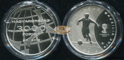 Венгрия. Монета 3000 форинтов. 2013 (KM#NL. Proof. Серебро) Чемпионат мира по футболу. Бразилия 2014