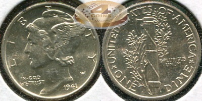 США. 10 центов (Дайм). 1941 (Unc. Серебро)