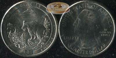 США. Монета 25 центов [Квотер]. 2011.P (KM#495. Unc) Glacier [Montana]