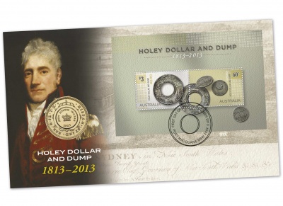 Австралия. 1 доллар. 2013 (Unc. Конверт первого дня. КПД) 200 лет "дырявому доллару" и дампу