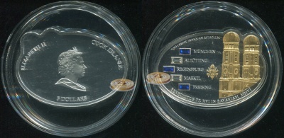 О-ва Кука. 5 долларов. 2006 (Proof. Серебро. Позолота. Кристалы) Посещение Папой Баварии