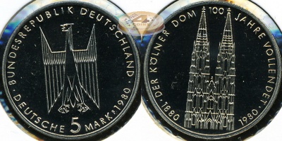 Германия (ФРГ). 5 марок. 1980F (Proof)