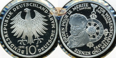 Германия (ФРГ). 10 марок. 1992 D (Proof. Серебро)