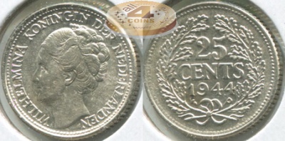 Нидерланды. Монета 25 центов. 1944.P (KM#164. XF+/Unc. Серебро)