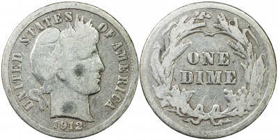 США. Монета 10 центов [Дайм]. 1912 (KM#113. F/aVF. Серебро) Barber Dime