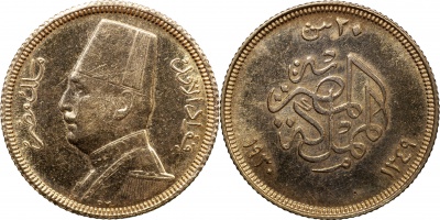 Египет. Монета 20 пиастров. 1930 (KM#351. aUnc. Золото)