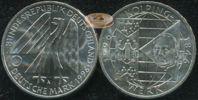 Германия [ФРГ]. Монета 10 марок. 1996.A (Unc. Серебро) 150 лет со дня основания Фонда Колпинга