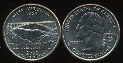 США. Монета 25 центов [Квотер]. 2005.D (KM#374. Unc) Западная Вирджиния