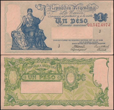 Аргентина. Банкнота 1 песо. ND(1944). Unc. Бумага. Кат.# P.251c [Serie J]