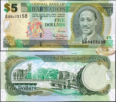 Барбадос. Банкнота 5 долларов. 1.05.2007 (2007). Unc. Бумага. Кат# P.67a