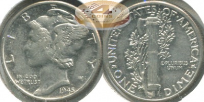 США. 10 центов (Дайм). 1945 (XF. Серебро)