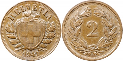 Швейцария. Монета 2 раппена. 1941.B (S.1213 / KM#4.2. Unc)