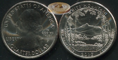 США. Монета 25 центов [Квотер]. 2013.P (KM#542. Unc) White Mountain [New Hampshire]