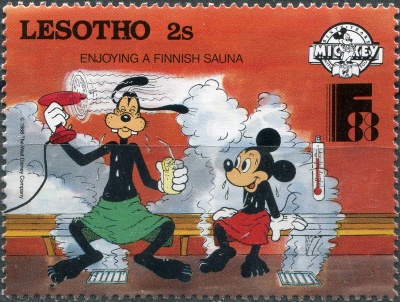 Лесото. 1988. Финская сауна - Гуфи, Микки (Почтовая марка. MNH OG)