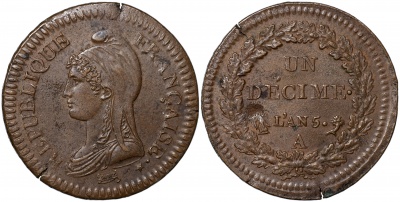 Франция [Первая республика]. Монета Деcим. 1796.A (KM#644.2. XF)