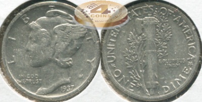 США. 10 центов [Дайм]. 1937 (XF. Серебро)