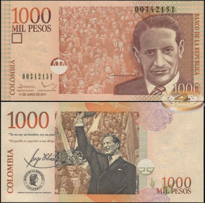 Колумбия. Банкнота 1000 песо. 11.06.2011. Unc. Бумага. Кат.# Р.456o