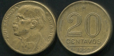 Бразилия. Монета 20 центаво. 1950 (KM#562. VF) Руй Барбоза