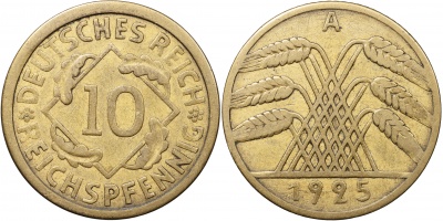 Германия [Веймарская республика]. Монета 10 рейхспфеннигов. 1925.A (J.317 / KM#40. VF/XF)