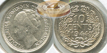 Нидерланды. Монета 10 центов. 1944.P (KM#163. XF+/Unc. Серебро)