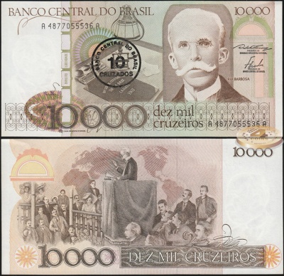 Бразилия. 10 крузадо (надпечатка, Unc) 1990