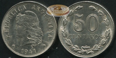 Аргентина. Монета 50 центаво. 1941 (KM#39. XF)