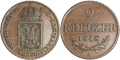 Австро-Венгрия [Австрия]. Монета 2 крейцера. 1848.A (KM#2188. XF+)