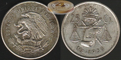 Мексика. 25 центаво. 1953 (aUnc. Серебро)