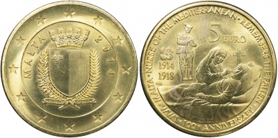 Мальта. Монета 5 евро. 2014 (Unc) 100 лет с начала Первой Мировой войны
