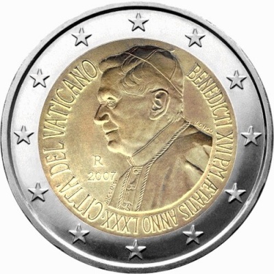Ватикан. 2 евро. 2007 (Unc. Биметалл. Буклет) 80 лет папе римскому Бенедикту XVI