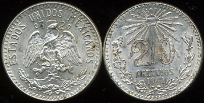 Мексика. 20 центаво. 1942 (aUnc. Серебро)