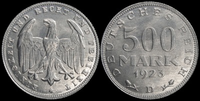 Германия [Веймарская республика]. Монета 500 марок. 1923.D (KM#36. Unc)
