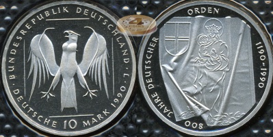 Германия (ФРГ). 10 марок. 1990 J (Proof. Серебро)