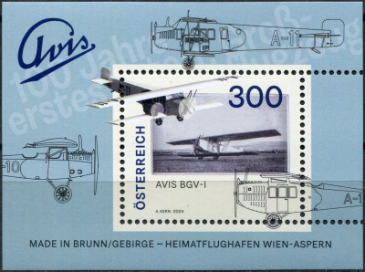 Австрия. 2024. 100-летие самолета Avis BGV-I (Почтовый блок. MNH OG)
