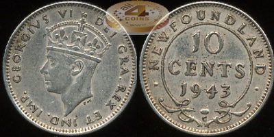 Ньюфаундленд. 10 центов. 1943 (Unc. Серебро)