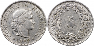 Швейцария. Монета 5 раппенов. 1959.B (S.1212 / KM#26. aUnc/Unc)