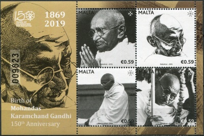 Мальта. 2019. 150-летие со дня рождения Махатмы Ганди (Почтовый блок. MNH OG)
