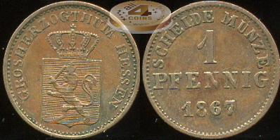 Германия (Гессен). 1 пфенниг. 1867 (aUnc)