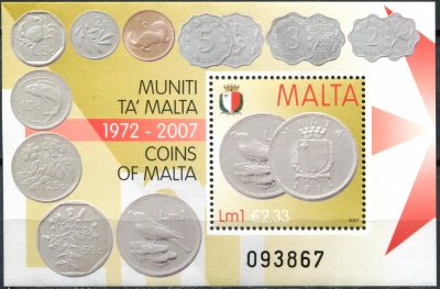 Мальта. 2007. Монеты Мальты 1972-2007 (Почтовый блок. MNH OG)