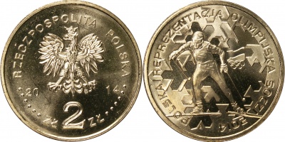 Польша. Монета 2 злотых. 2014 (KM#Y.893. Unc) Польская сборная на Олимпиаде в Сочи. 2014