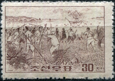КНДР. 1964. "Генерал Шерман" в устье реки Тэдонг (Почтовая марка. MNH OG)